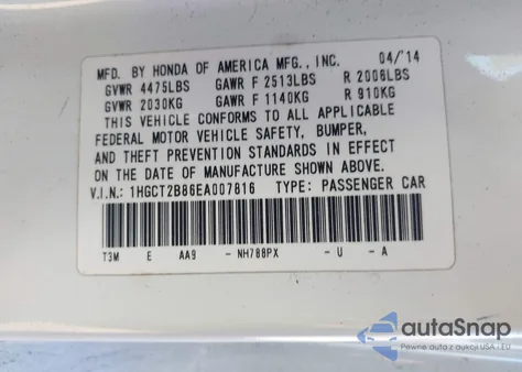 2014 Honda Accord Ex-L V-6 from USA, damaged, VIN 1HGCT2B86EA007816